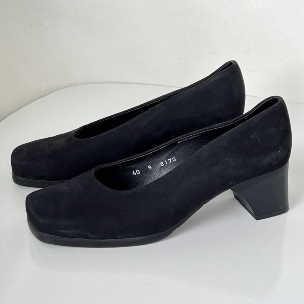 Black suede square toe y2k block heel slip on heels mules